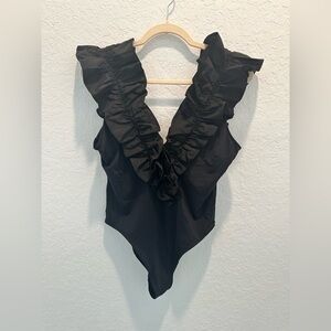 NWOT The WESTSIDE Ruffled Deep V Bodysuit in Black